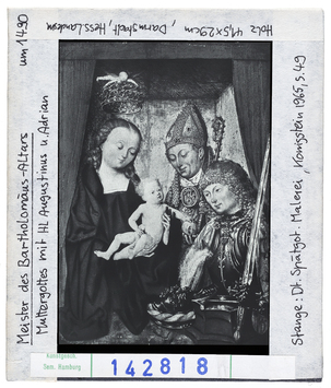 Vorschaubild Meister des Bartholomäus-Altars: Muttergottes mit Kind, Hl. Augustinus und Hl. Adrian. Darmstadt, Hessisches Landesmuseum 